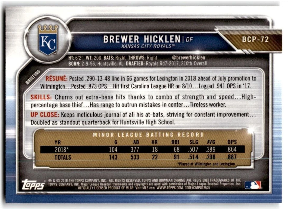 2019 Bowman Chrome Prospects Brewer Hicklen #BCP-72 Kansas City Royals - Image 2 of 2