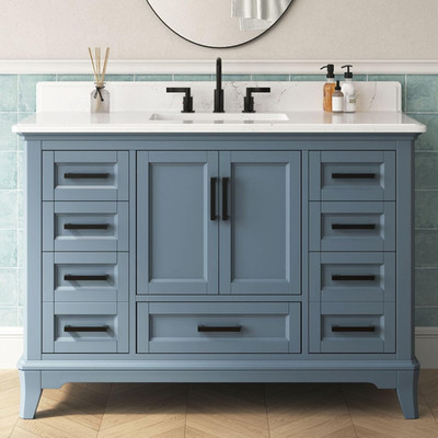 Stylish 48'' Steel Blue Bathroom Vanity with Sink & Quartz Top, No Assembly Neede