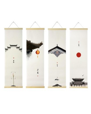 Vertical Chinese Wall Scroll Set of 4 - Traditional Ancient Architecture Pain...