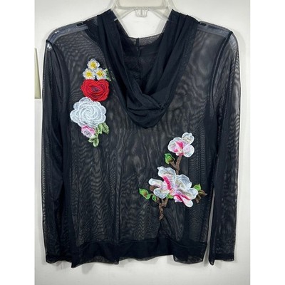 Sheer Black Mesh Hoodie Top Floral Embroidered Women's Whimsigoth Layering Fairy