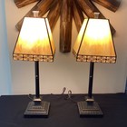 Pair Of Tiffany Style Stained Slag Glass Mission Table Lamps Pull Chain Design — photo 2