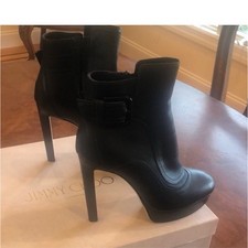 Jimmy Choo Britney 115 Black Leather Ankle Booties Women  s Buckle Zip Stiletto