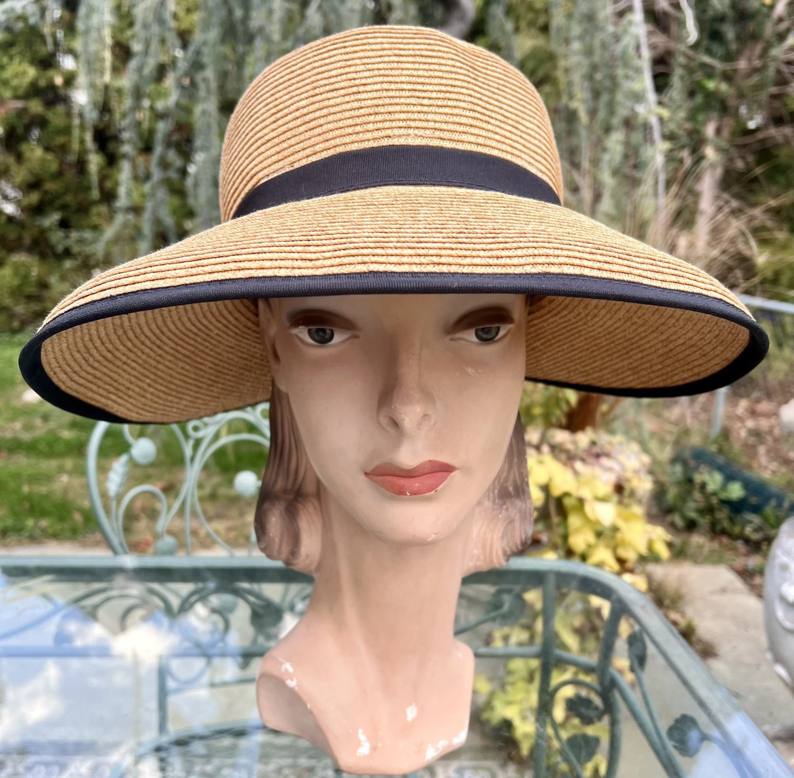 CAPPELLI NATURAL STRAW LOOK WIDE BRIM GARDEN SUN HAT W/ BLACK TRIM
Opens in a new window or tab