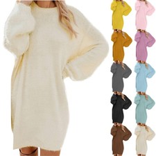 WomenSweaters Casual Fuzzy Crewneck Long Sleeve Oversized Sweater Dress Loose🚀M