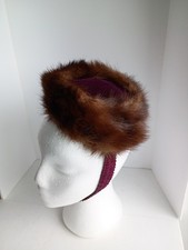 Genuine Real Brown Mink Fur Antique Brown Pill Box Hat Purple Velvet Saks Fifth