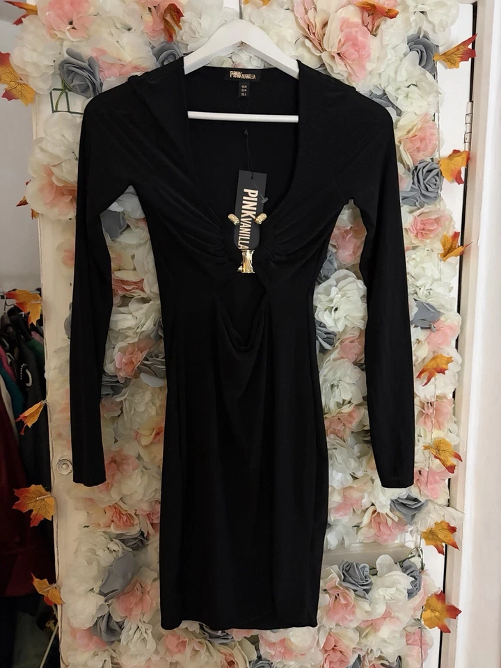 Pink Vanilla Gold Trim Slinky Cut Out Dress Size m New With Tags - Imagen 3 de 4