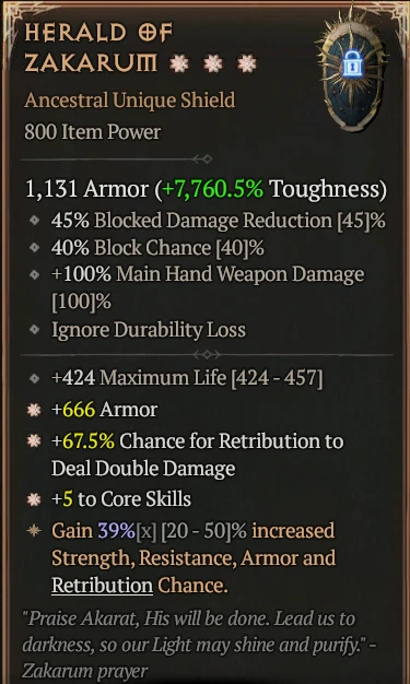 💥DIABLO 4💥SEASON 11💥Paladin Shield💥Herald of Zakarum 3GA Armor +Core +DD 39%