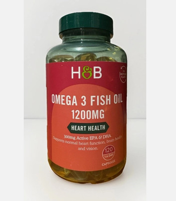 H&B Omega 3 Fischöl 1200mg 120 Kapseln Auge Herz & Gehirn Gesundheit Neu 03/27 B24
