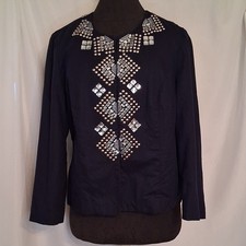 Chico's Womens Sz 1 Navy Studded Rhinestone Geometric Blazer Jacket Open Short