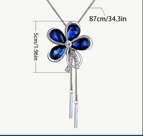 BLUE AND WHITE CRYSTAL FLOWER PENDANT LONG CHAIN PERFECT GIFT - Picture 3 of 5
