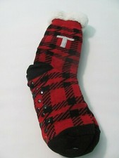 NEW PLUSH-LINED MID-CALF MONOGRAM BUFFALO PLAID SLIPPERS SOCKS - LETTER "T"