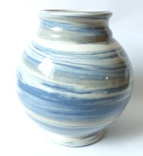 Studio Art Pottery Agate Ware Round Vase Blue Hand Thrown Signed Josh Leonti