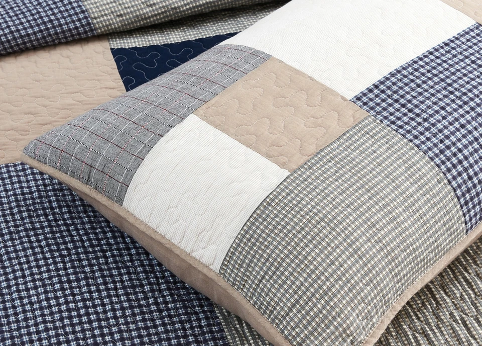 Addy Gray Taupe Plaid Patchwork Bedspread Coverlet Pre-Washed Cotton Quilt Set - Image 4 of 4