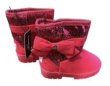 Bebe Girls Pink Glitter Bow Winter Boots, Faux Fur Lined, Toddler Girl Size 8