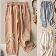 New Women's Cotton Embroidered Vintage Loose Fit Casual Pants Summer Trousers