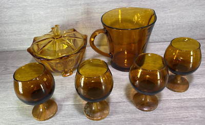 Braunglas Limonadenkrug Vase Schale & 4 Gläser Vintage Sommer Garten Party