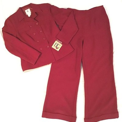 Bahari Group Womens Pant Suit Size 14 Red Blazer Jacket Pants Business Career