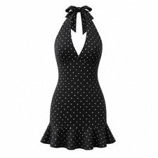 NWOT Size M SHEIN Black Polka Dot Halter Dress - Ruffle Hem Pinup Mini Dress