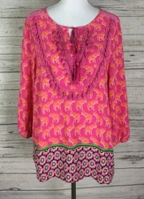 Crown & Ivy Women’s Pink Orange Boho Elephant Print 3/4 Sleeve Tassel Tie Top L