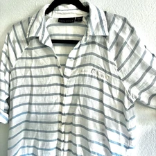 Attention Lightweight 100% Cotton Blue White Striped Button Blouse Womens Medium