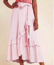 Anthropologie Maeve Penny Ruffled Midi Skirt Small Pink Striped Wrap Tiered
