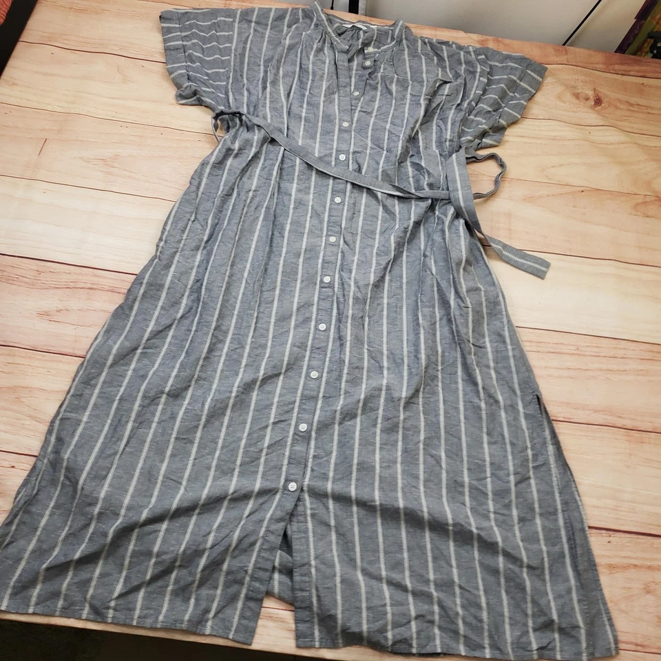 Uniqlo Dress Womens Extra Large Gray Striped Button Front Belted Midi Linen - Image 2 of 4
