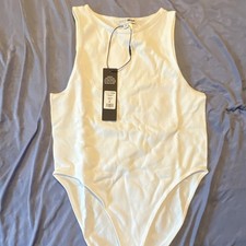 Fashion Nova Women's White Solid One Piece Bodysuit, Body Compression Stretch, M