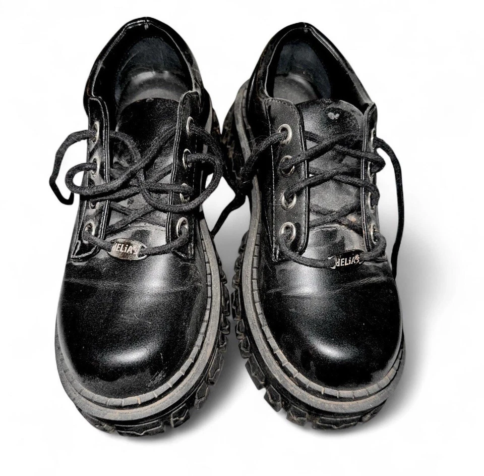 Y2K Estilo Delia’s Plataforma Oxford Mujer’s 8 Negro Imitación Cuero Tacón Grueso Foto 3 de 4