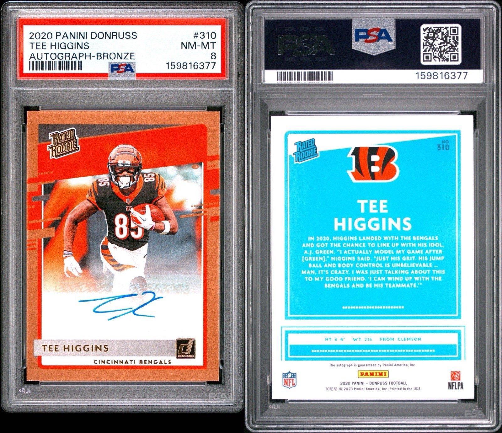 2020 PANINI DONRUSS #310 TEE HIGGINS AUTOGRAPH-BRONZE PSA 8 view 3