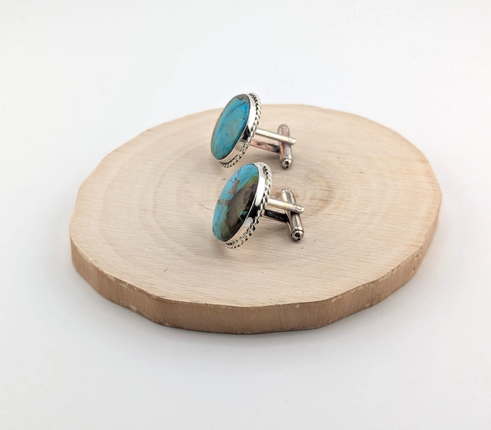 Genuine Navajo Men's Cuff Links Sterling Silver Kingman Turquoise Accessory - Image 4 of 4