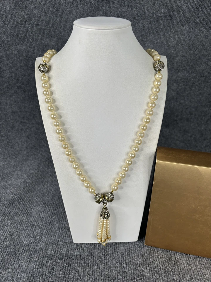 Heidi Daus Necklace Gold Tone Crystal Faux Pearl Have It Your Way 36" With Box - Image 2 of 4