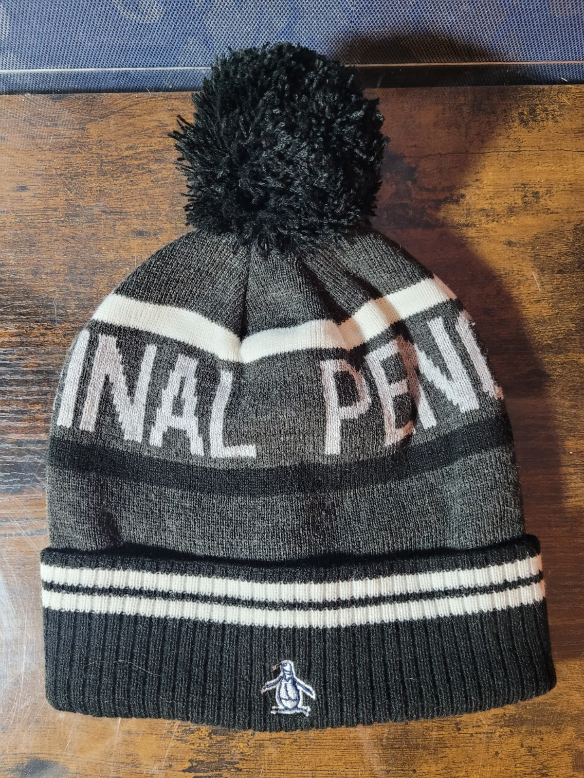 Original Penguin Striped  Bobble Beanie Hat - Black Grey White