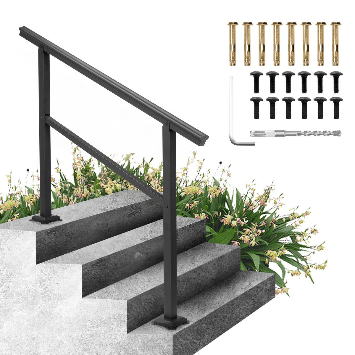 Redlife Handrails For Outdoor Steps, Fit 2 Or 3 Steps Outdoor Stair Railing, Wrought Iron Handrail