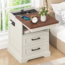 18" Farmhouse Night Stand with Gun Drawer, Charging Bedside Table with USB & ...
