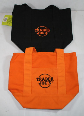 ( 2 ) TRADER JOES ~ TRICK OR TREAT MINI CANVAS TOTE BAGS ~ BLACK & ORANGE ~ NEW
