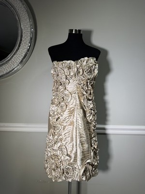Terani Couture Champagne Satin Beaded Mini Dress Size 6 Homecoming Cocktail Prom
