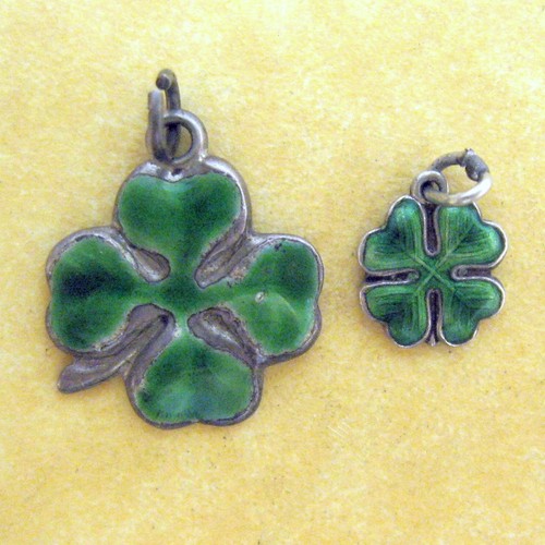 Two Vintage Silver Enamel Lucky Four Leaf Clover Charms