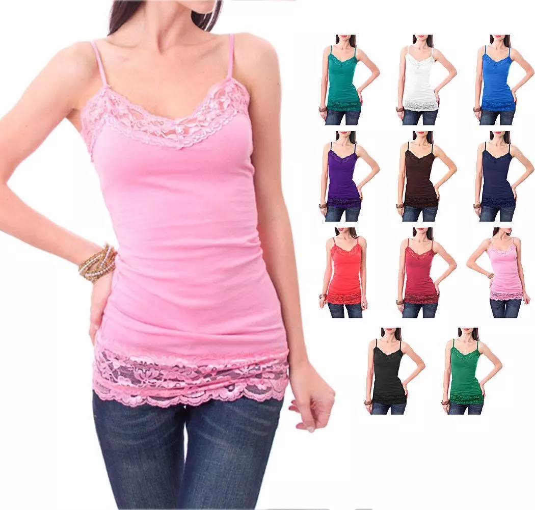 Solid Casual Long Cami Top with Wide Lace Trim S ~ L Solid Casual Long Cami Top with Wide Lace Trim S ~ L
