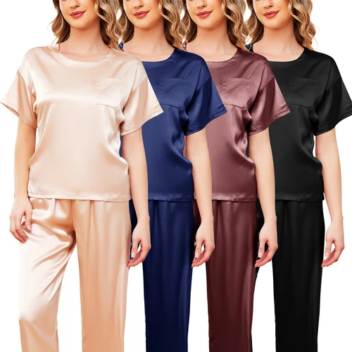 Silk Pajamas for Women Short Sleeve Satin Sleepwear Two Piece Pj Sets Loungewear - Picture 3 of 17