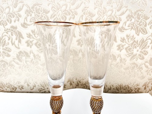 2 Crystal Champagne Toasting Flutes w/ Rhinestone Stems & Gold Accents - Picture 5 of 10