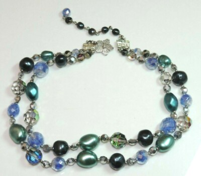 Vintage Vendome 2T Doppel Strand ab Kristall Blau Perle Silber Halskette 11i 50
