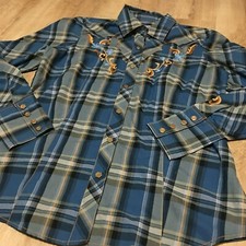 Roper Men's Blue  Yellow Plaid LS Floral Embroidered Snap Button Shirt L