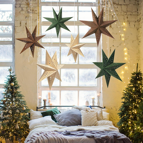 6 Pcs Velvet Christmas Paper Star Lanterns 18/12 Inch Flocked 7-Pointed Christma - Picture 8 of 9