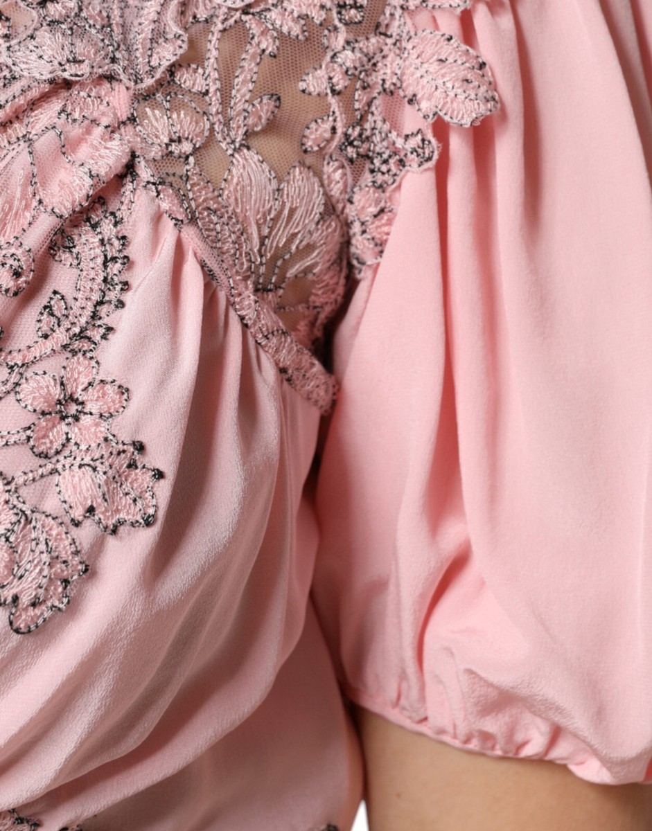 ERMANNO SCERVINO Dress Pink Floral Lace Short Sleeves V-neck Midi