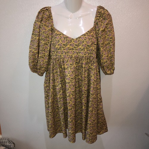 Vestido pequeño de algodón estampado floral amarillo verde Things Between para mujer Cottagecore - Imagen 8 de 11