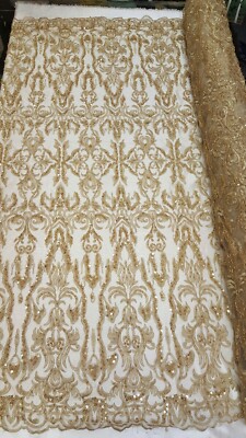 Gold Beaded Lace Fabric By The Yard Victorian Pattern Prom Gown Bridal Evening 