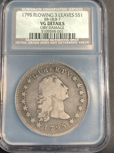 1795 "Silver Plug"  FLOWING HAIR 3 LEAVES SILVER DOLLAR NGC VG Details  *