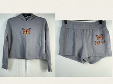 Teen 2 Piece Set Gray Cropped Butterfly Hoodie W/ Matching Sweat Shorts Small S