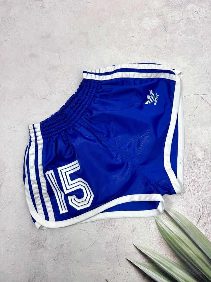 Retro 70s Adidas Football Running Shorts Player Issue #15 Blue & White Stripes - Image 3 of 4
