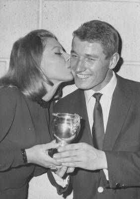 French skier Guy Perillant being kissed cheek by actress Magali Noel- Old Photo